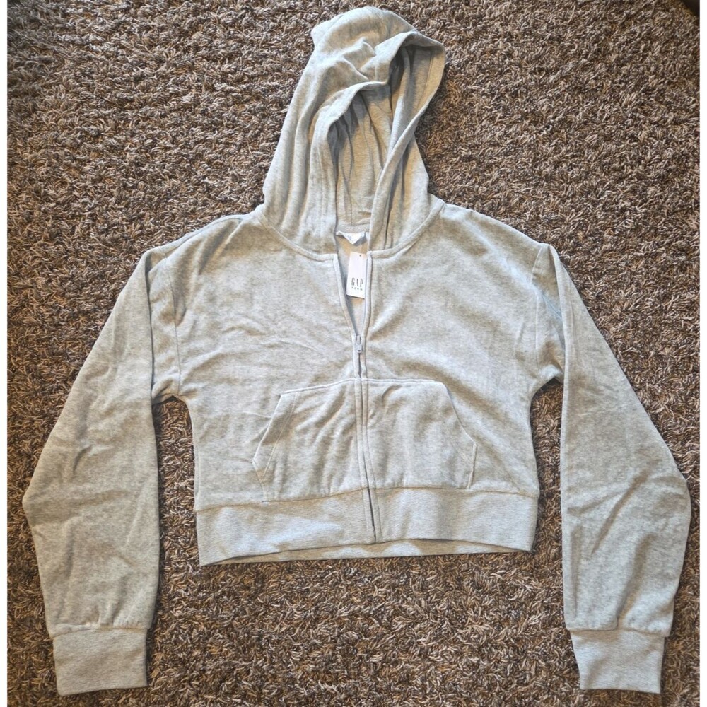 Gap Teen Soft Velour Full Zip Up Cropped Hoodie Heather Gray Size 18/20 NWT New